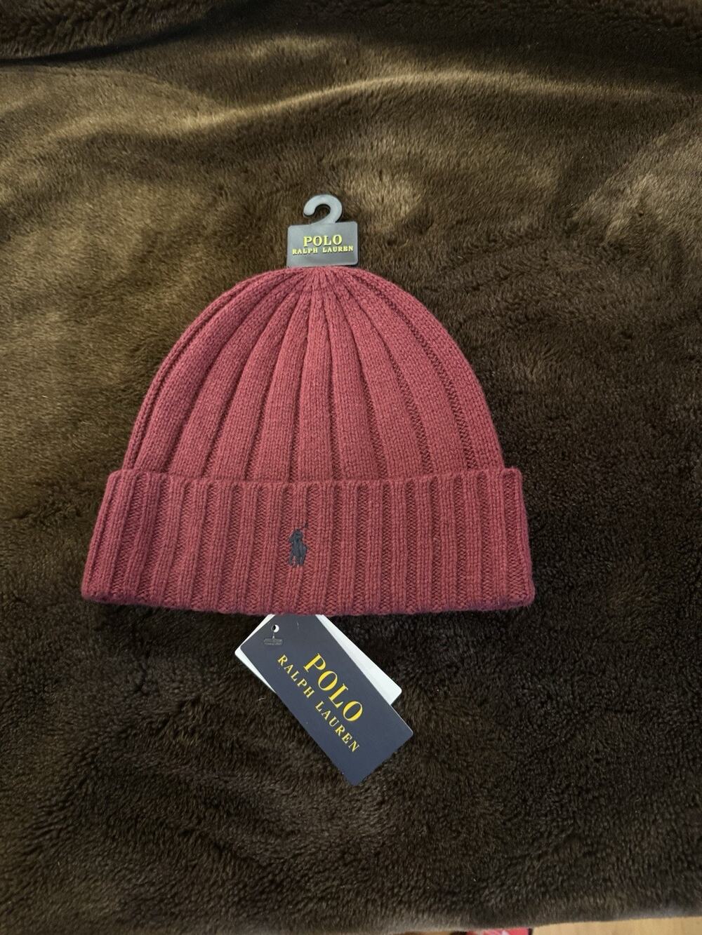 NEW Polo Ralph Lauren Men's Wine Wool Blend Ribbed Cuff Knit Beanie Hat Logo
